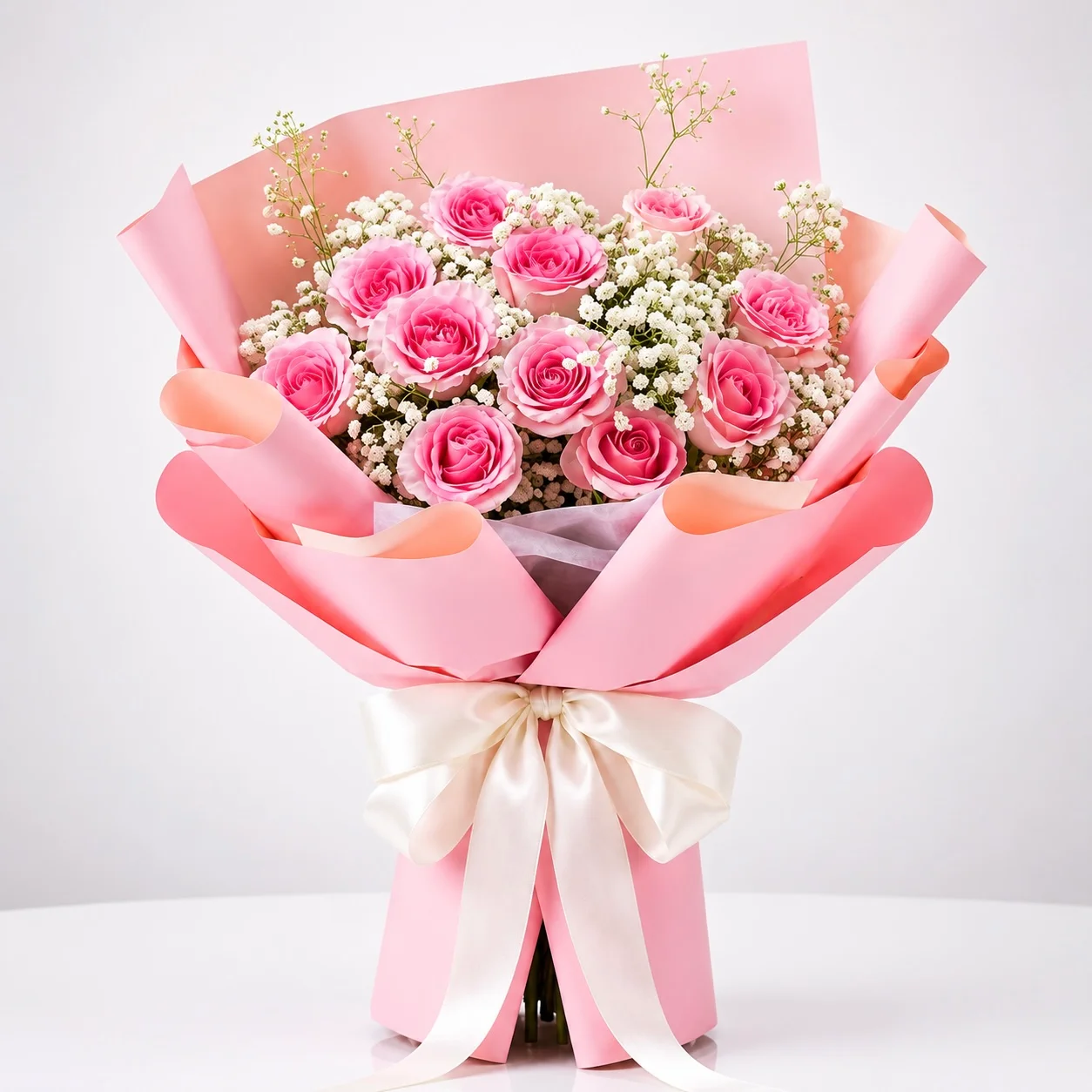 Pretty in Pink 11 pink rose bouquet beautifully wrapped for Girlfriend's Day and romantic flower gift delivery